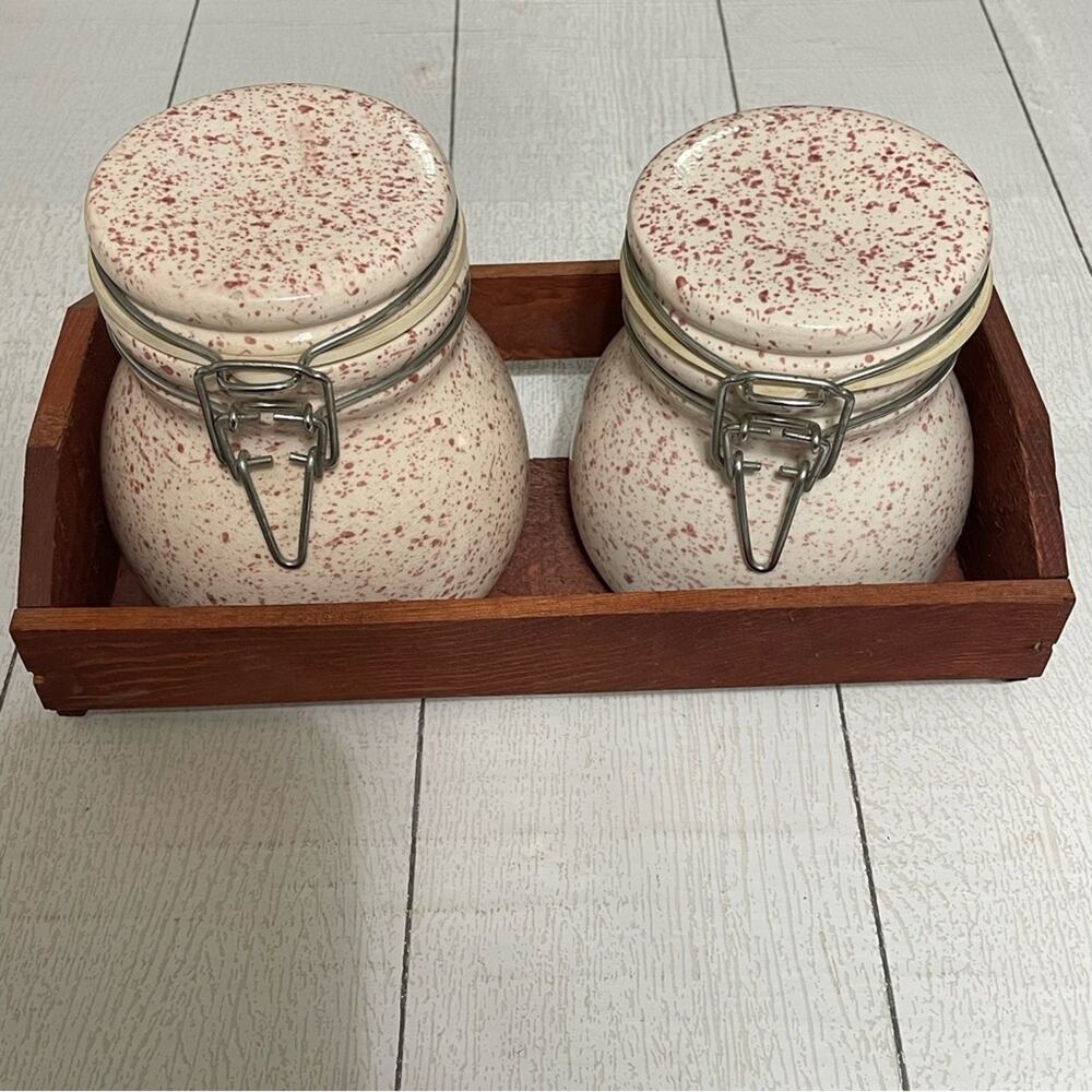 Vintage Speckled Ceramic Canister Set with Tray